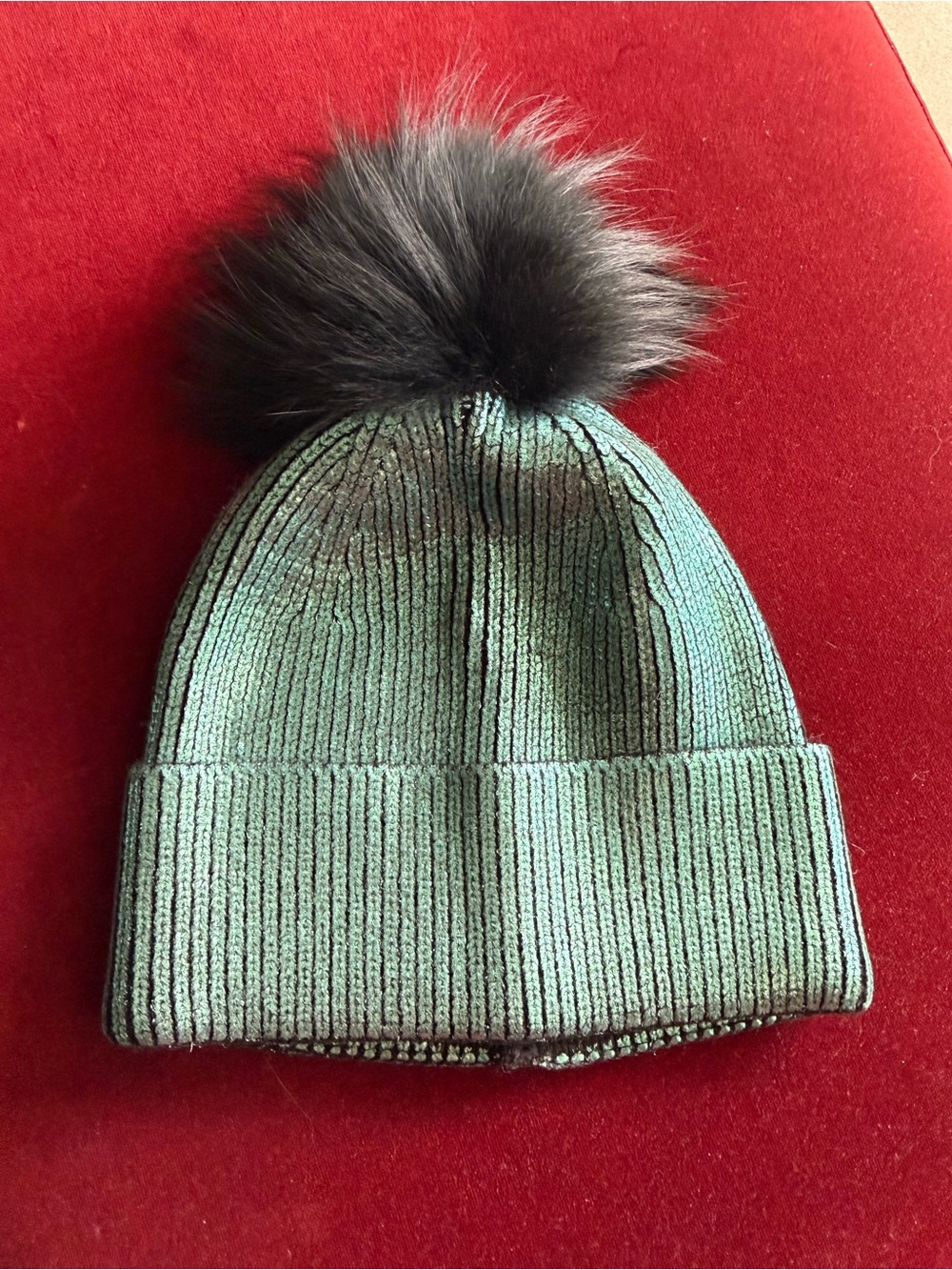 jocelyn Green Knit Beanie with Black Pom Pom